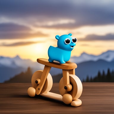 Happy go blue gopher riding on a wooden toy horse with mountains in the background.