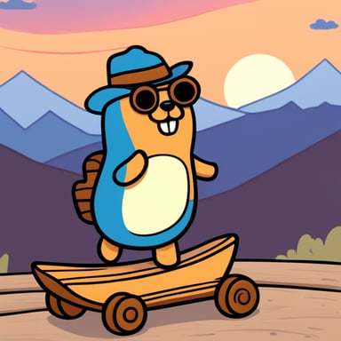 Happy go blue gopher riding on a wooden toy horse with mountains in the background.