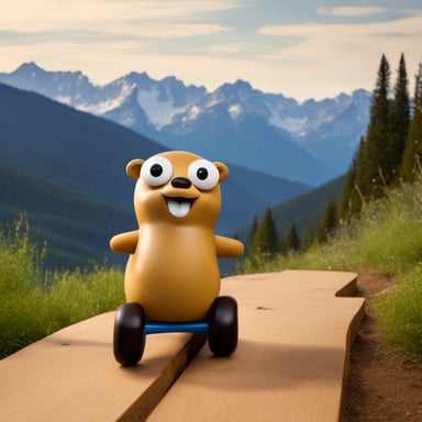 Happy Go Blue Gopher riding on a wooden toy horse with mountains in the background.