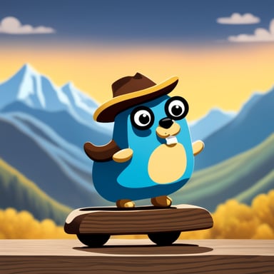Happy Go Blue Gopher riding on a wooden toy horse with mountains in the background.