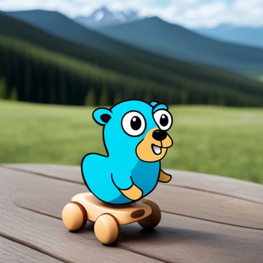 Happy Go Blue Gopher riding on a wooden toy horse with mountains in the background.