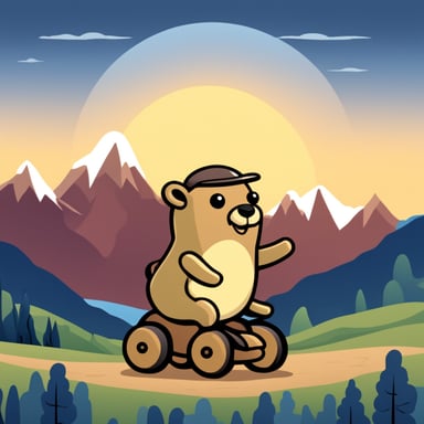 Happy Go Blue Gopher riding on a wooden toy horse with mountains in the background.