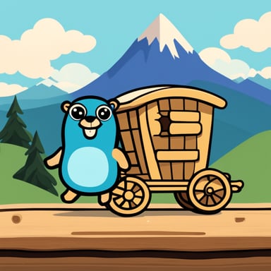 Happy Go Blue Gopher riding on a wooden Trojan horse with mountains in the background.