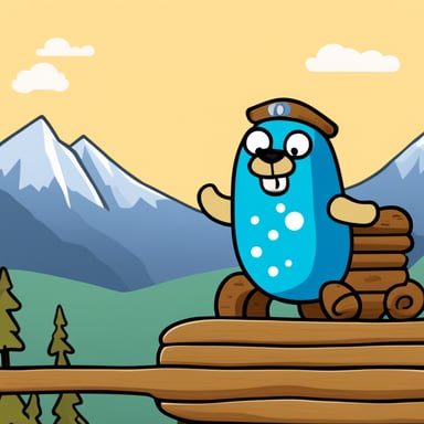 Happy Go Blue Gopher riding on a wooden Trojan horse with mountains in the background.