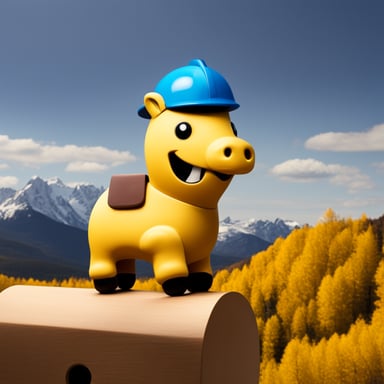 Happy Go Blue Gopher riding on a wooden Trojan horse with mountains in the background.