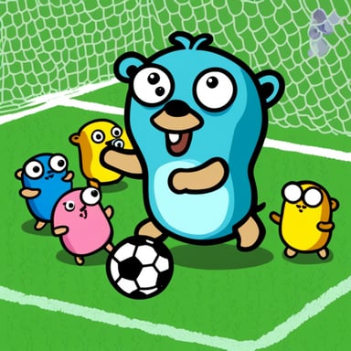 Go Blue Gopher playing soccer with other little colored gophers.