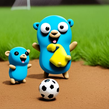 Go Blue Gopher playing soccer with other little colored gophers.