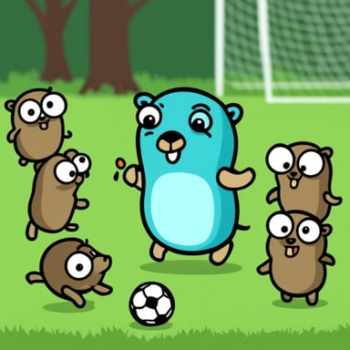 Go Blue Gopher playing soccer with other little colored gophers.