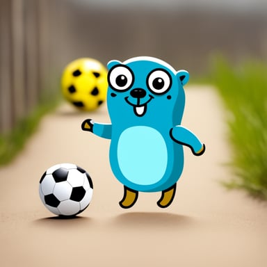 Go Blue Gopher playing soccer with other little colored gophers.