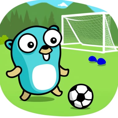 Go Blue Gopher playing soccer with other little colored gophers.