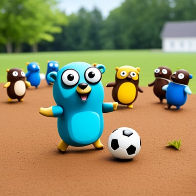 Go Blue Gopher playing soccer with other little colored gophers.