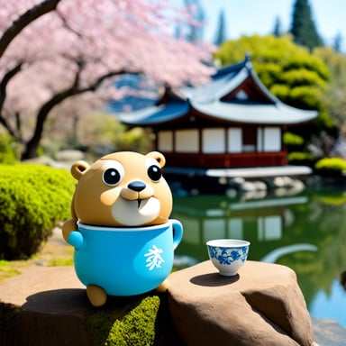 Go Blue Gopher drinking tea in a Japanese garden.