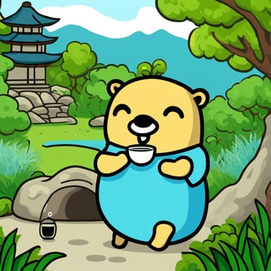 Go Blue Gopher drinking tea in a Japanese garden.