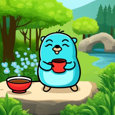 Go Blue Gopher drinking tea in a Japanese garden.