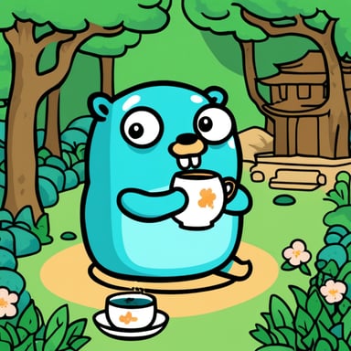 Go Blue Gopher drinking tea in a Japanese garden.