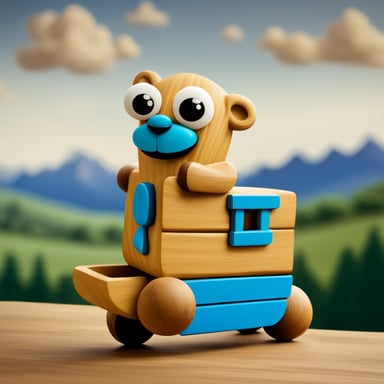 Happy Go Blue Gopher riding on a wooden Trojan horse with mountains in the background.