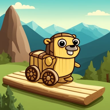Happy Go Blue Gopher riding on a wooden Trojan horse with mountains in the background.