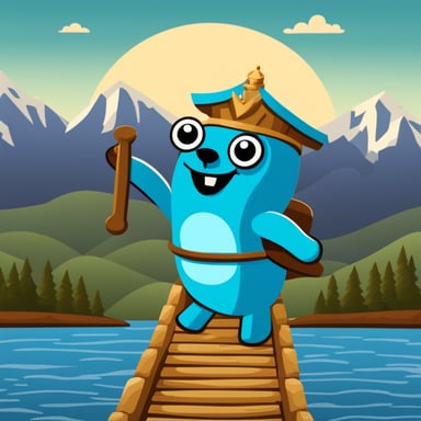Happy Go Blue Gopher riding on a wooden Trojan horse with mountains in the background.