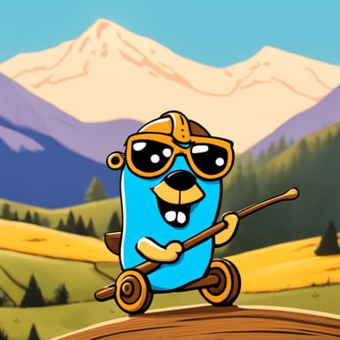 Happy Go Blue Gopher riding on a wooden Trojan horse with mountains in the background.