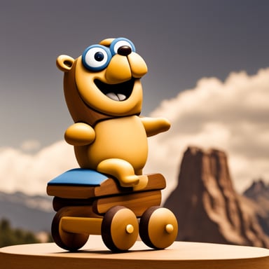 Happy Go Blue Gopher riding on a wooden Trojan horse with mountains in the background.