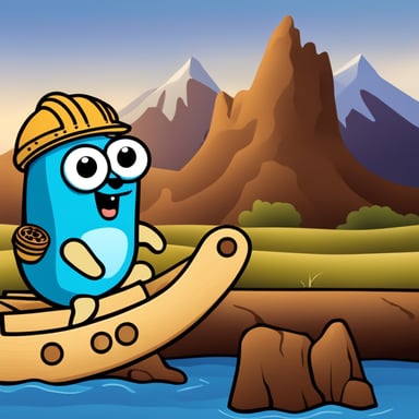 Happy Go Blue Gopher riding on a wooden Trojan horse with mountains in the background.