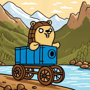 Happy Go Blue Gopher riding on a wooden Trojan horse with mountains in the background.
