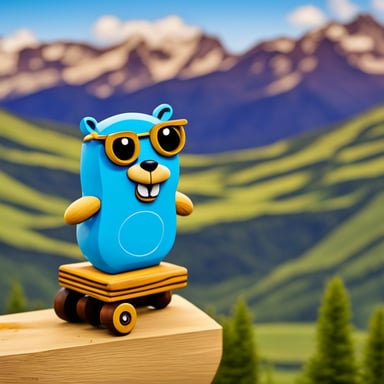 Happy Go Blue Gopher riding on a wooden Trojan horse with mountains in the background.