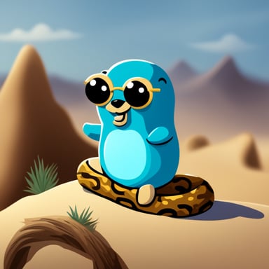 Happy small Go Blue Gopher sitting on top of Python3 python.