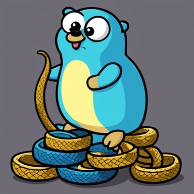 Happy small Go Blue Gopher sitting on top of Python3 python.