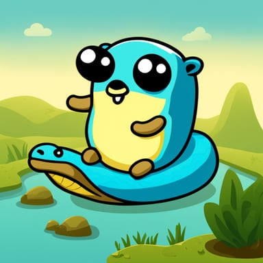 Happy small Go Blue Gopher sitting on top of Python3 python.