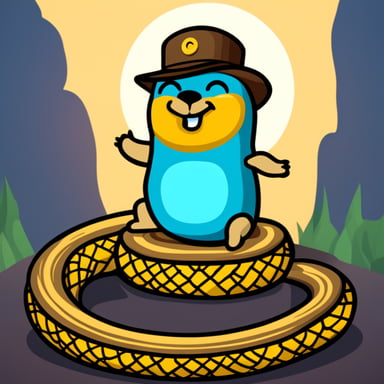 Happy small Go Blue Gopher sitting on top of Python3 python.