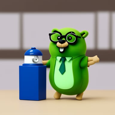 Go Blue Gopher in green corporation in suit