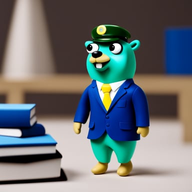Go Blue Gopher in green corporation in suit