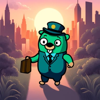 Go Blue Gopher in green corporation in suit
