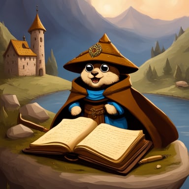 Go Blue Gopher writing manuscripts in a medieval setting. Solid background image.