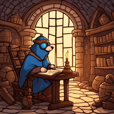 Go Blue Gopher writing manuscripts in a medieval setting. Solid background image.