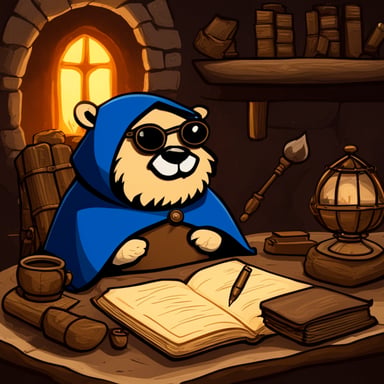 Go Blue Gopher writing manuscripts in a medieval setting. Solid background image.