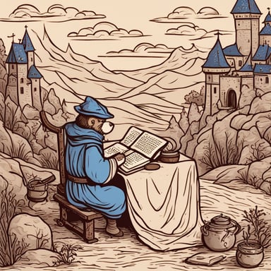 Go Blue Gopher writes manuscripts in a medieval setting with a single-color background.
