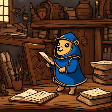 Go Blue Gopher, inspired by the Go language mascot, pens manuscripts in a medieval setting.