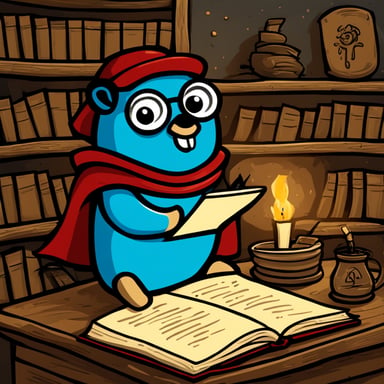 Go Blue Gopher, inspired by the Go language mascot, pens manuscripts in a medieval setting.