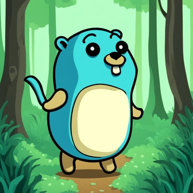 Go Blue Gopher walking in the forest anime style.