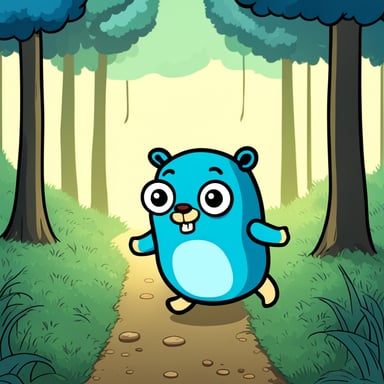 Go Blue Gopher walking in the forest anime style.