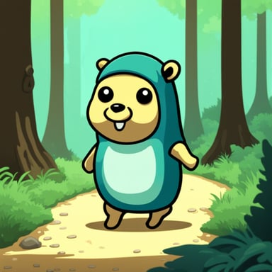 Go Blue Gopher walking in the forest anime style.