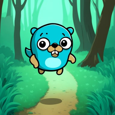 Go Blue Gopher walking in the forest anime style.