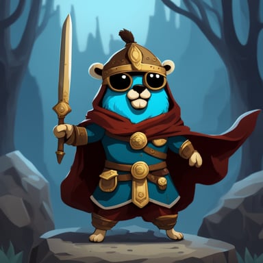 Go blue gopher as an ancient warrior, wielding a sword and clad in a coat, stands ready for battle.