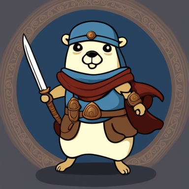 Go blue gopher as an ancient warrior, wielding a sword and clad in a coat, stands ready for battle.