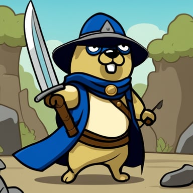 Go blue gopher as an ancient warrior, wielding a sword and clad in a coat, stands ready for battle.