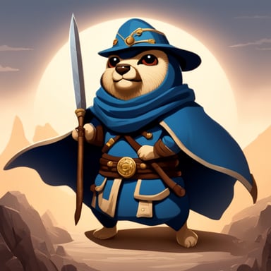 Go blue gopher as an ancient warrior, wielding a sword and clad in a coat, stands ready for battle.