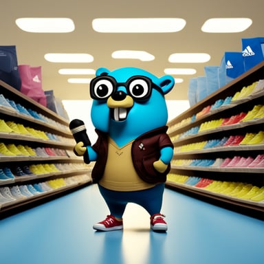 The go blue gopher is shopping for new Adidas and Nike sneakers, holding a loudspeaker in his hands.