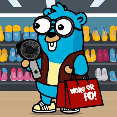 The go blue gopher is shopping for new Adidas and Nike sneakers, holding a loudspeaker in his hands.
